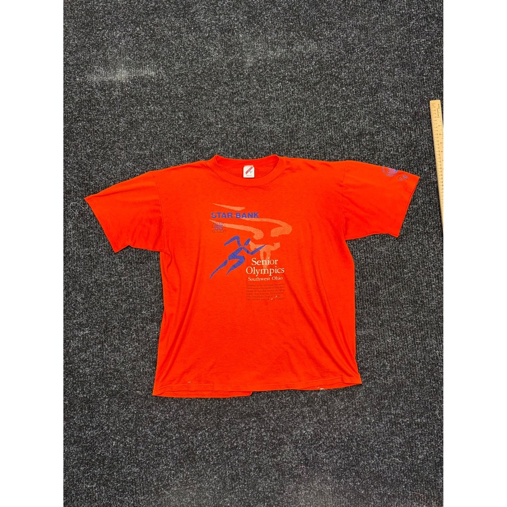 Vintage Jerzees Senior Olympics Star Bank T Shirt XL Orange Single Stitch 90s